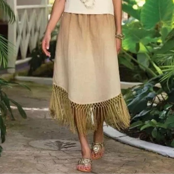 Soft Surroundings Fiesta Pull-On Skirt Linen/Cotten Blend Ombre Piano Fringe - Picture 1 of 5